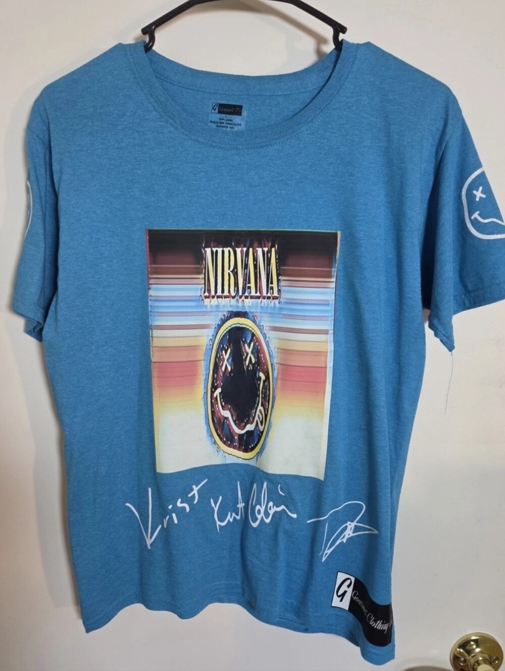NIRVANA Blue Short Sleeve Tee with Smiley Logo Graphic